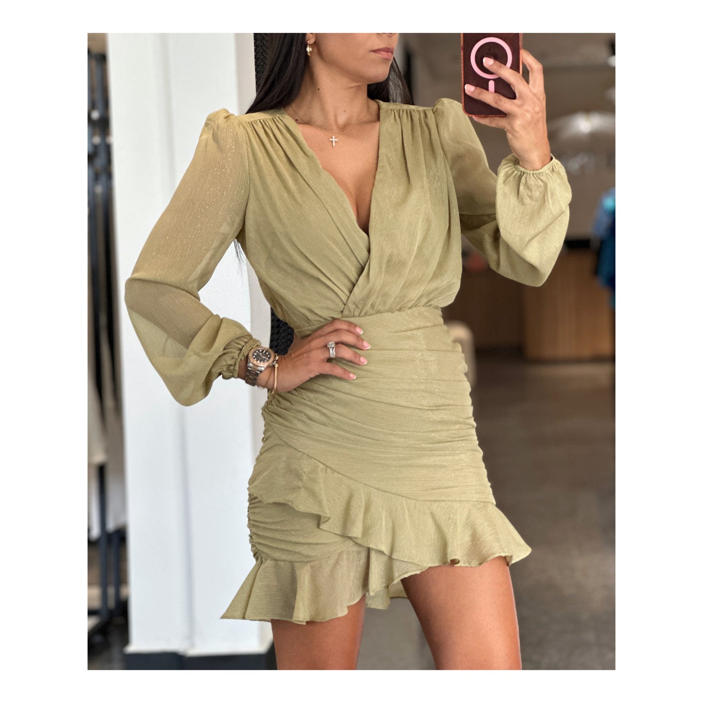 SAGE RUFFLED BOTTOM LONG SLEEVE MINI DRESS