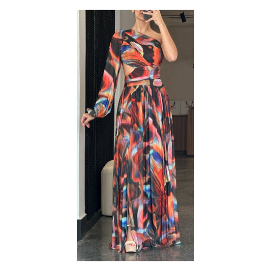 PRINT MESH MAXI ONE SLEEVE DRESS