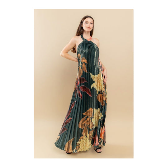 PLEATED FLORAL PRINT HALTER MAXI DRESS