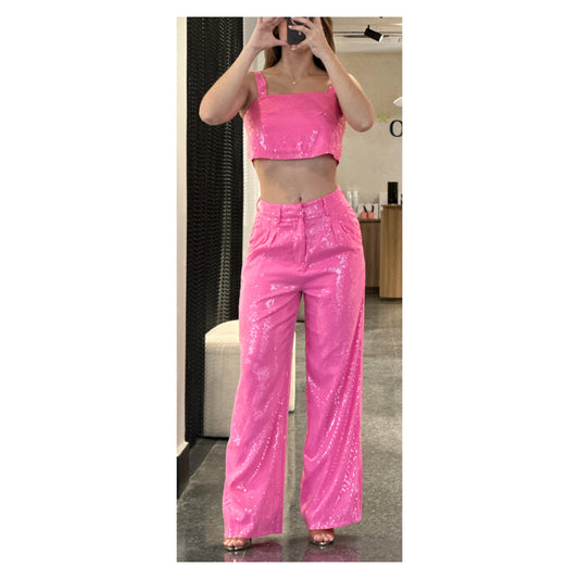 CROP TANK TOP WIDE LEG PANTS SEQUIN SET