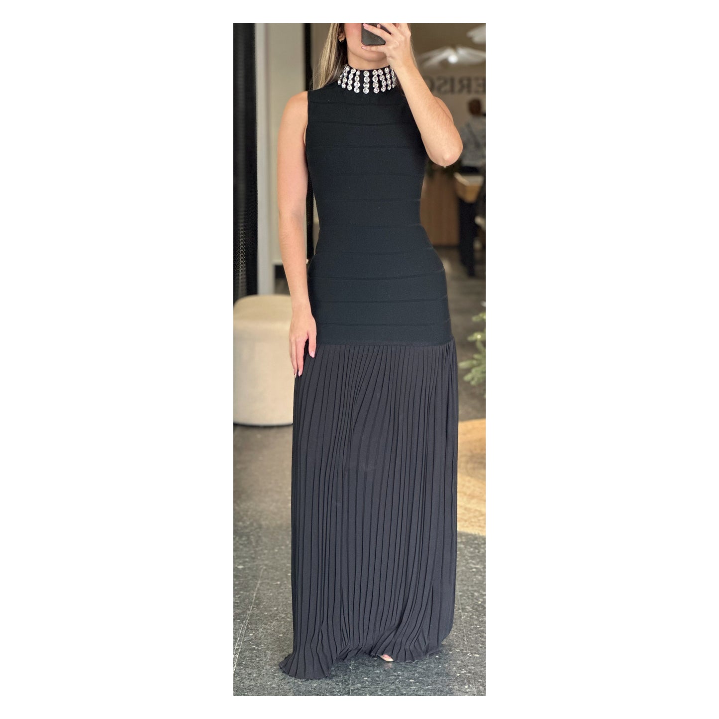 RHINESTONE BANDAGE KNIT PLEATED MAXI DRESS