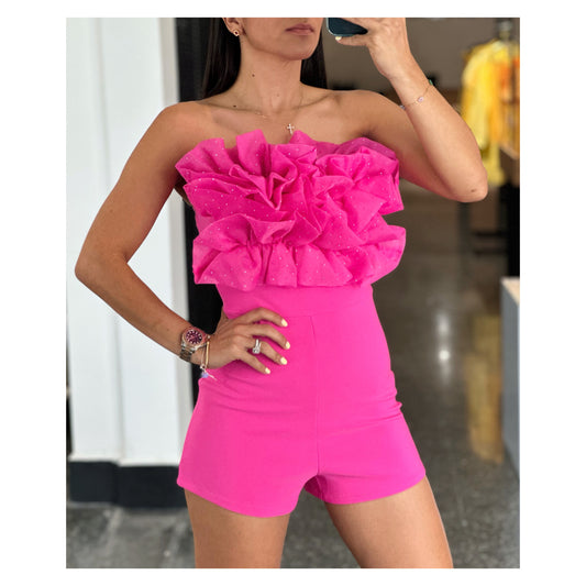 Fuchsia Organza Ruffle Romper