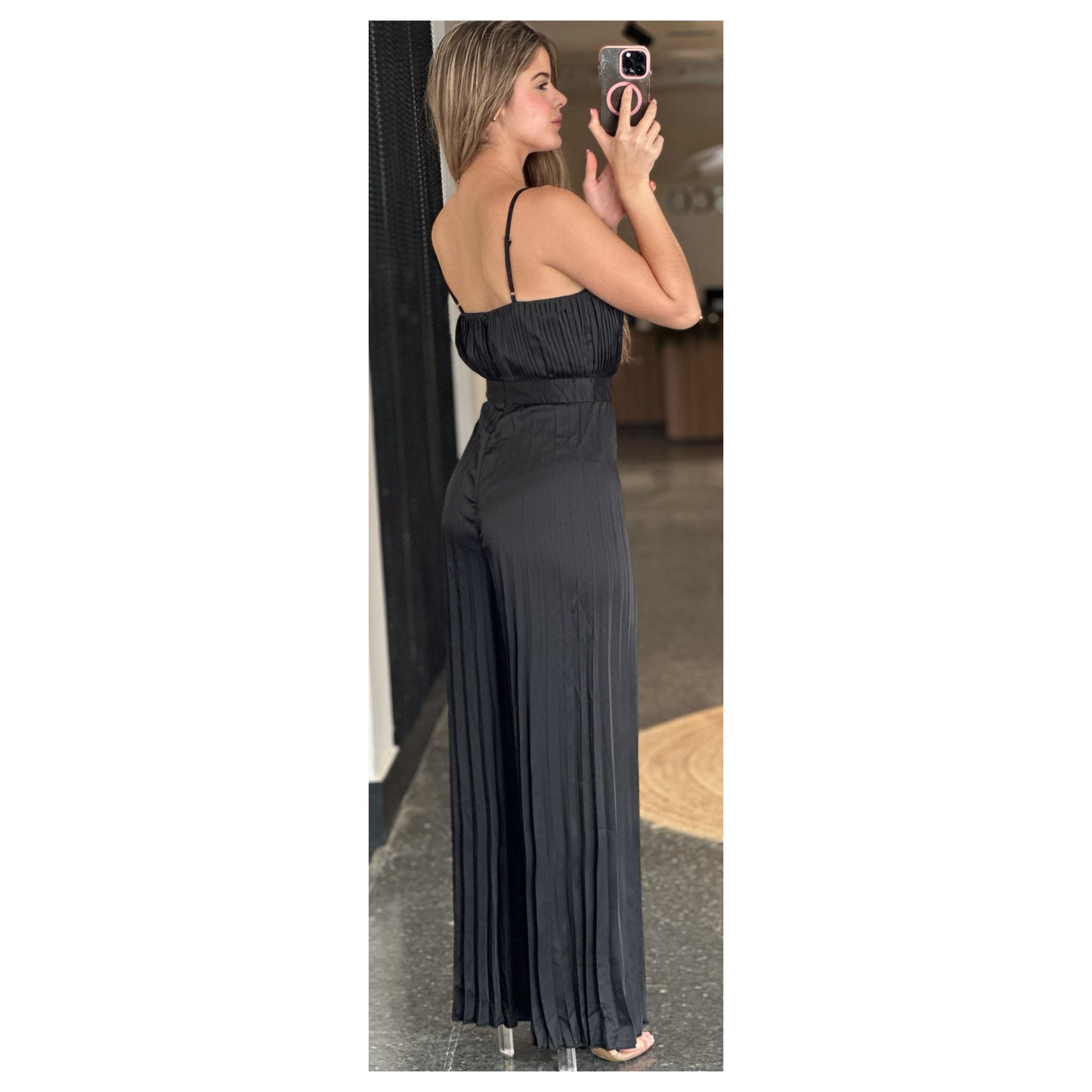 SATIN SPAGHETTI STRAP PLEATED WIDE LEG JUMPSUIT