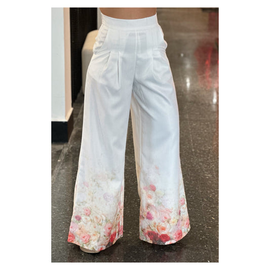 White Garden Print Hem Pants