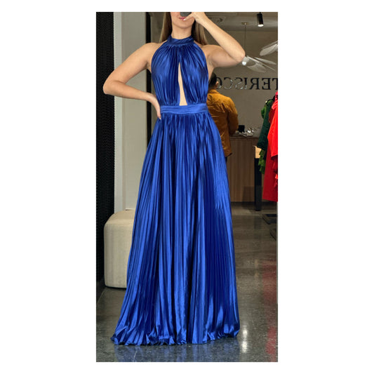 SJ ROYAL BLUE SATIN PLEATED HALTER DRESS