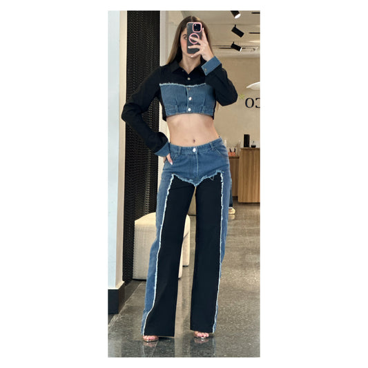 Shelly Denim Contrast Crop Shirt & Pants Set