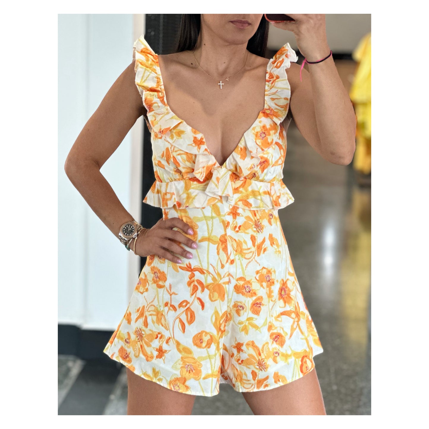 FLORAL RUFFLE SLEEVED V NECKLINE ROMPER