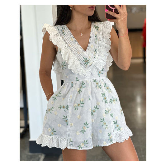 RUFFLE V-NECK BACK CUT OUT FLORAL ROMPER