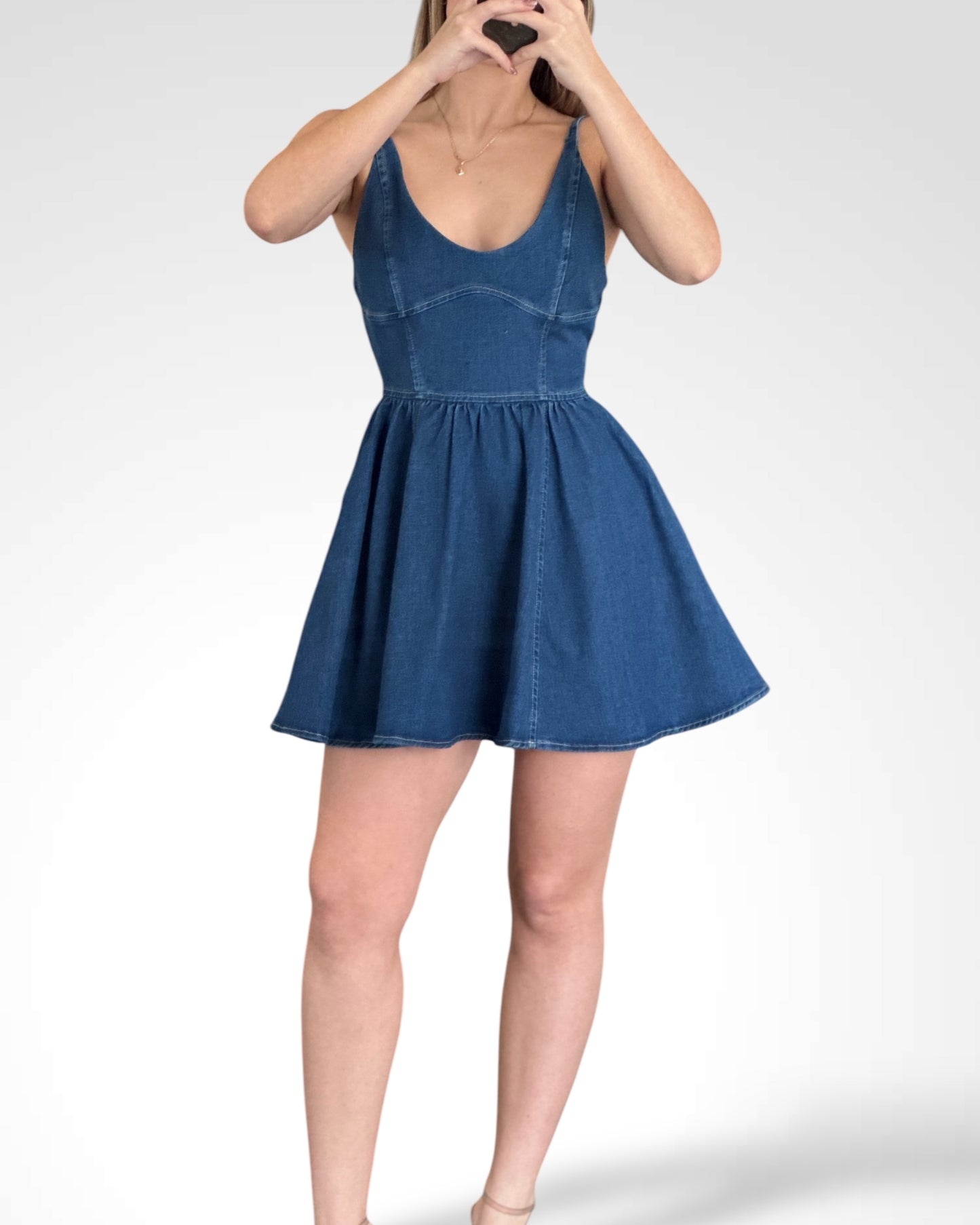 DENIM BUSTIER FLARE MINI DRESS