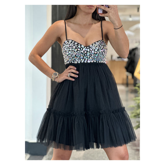 SLEEVELESS TIERED RUFFLE STUDS DETAILED MINI DRESS