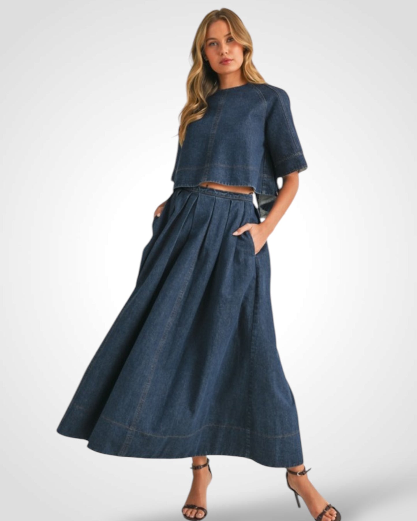 DENIM FLARED A-LINE MIDI SKIRT WITH SIDE POCKETS