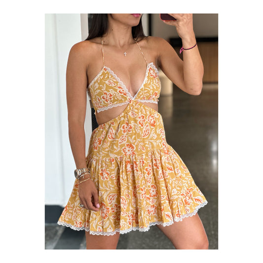 FLORAL HALTER NECK WAIST CUT OUT CORSET MINI DRESS