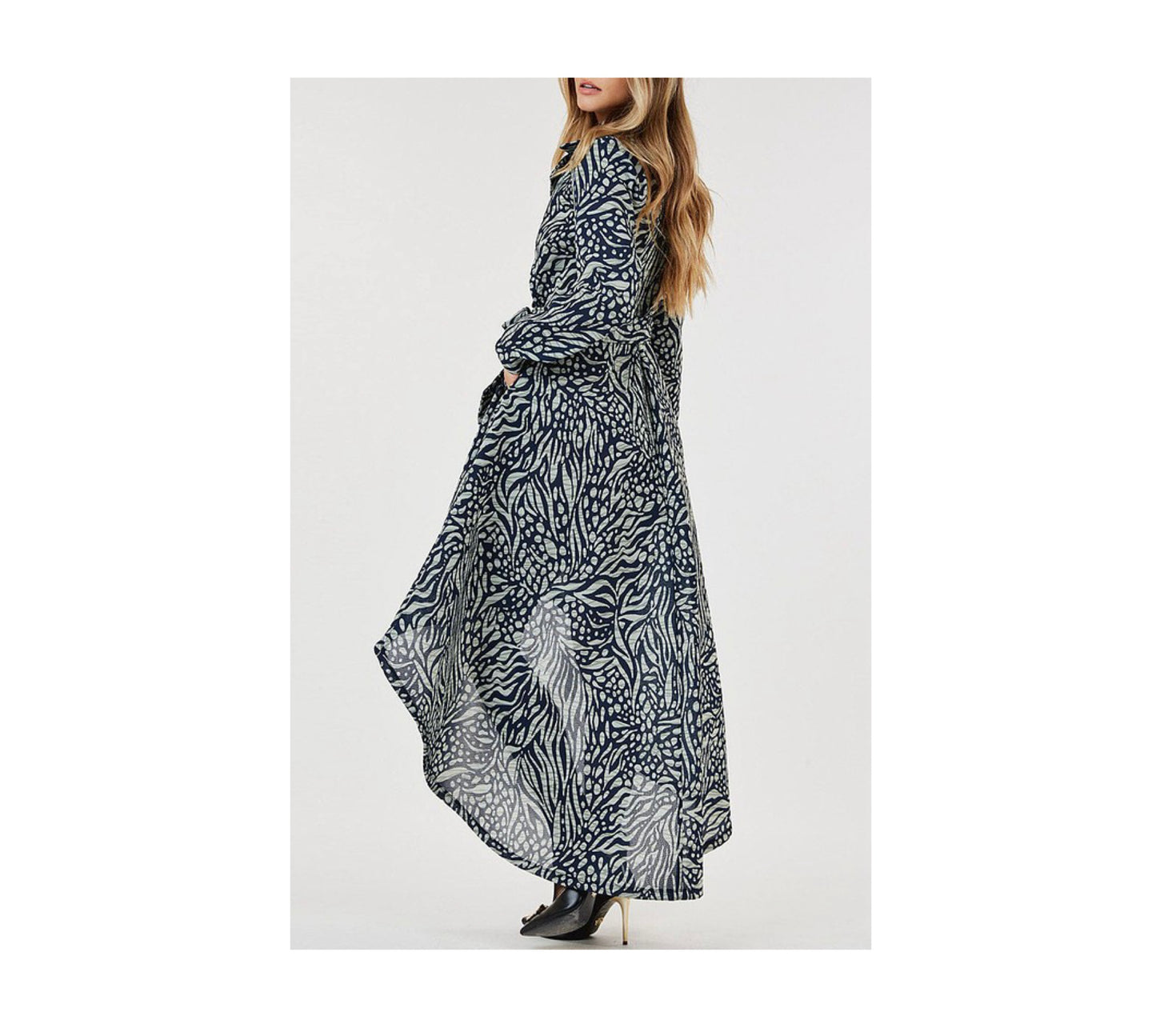 BUTTON CLOSURE POCKETS PRINTED HIGH-LOW MAXI DRESS