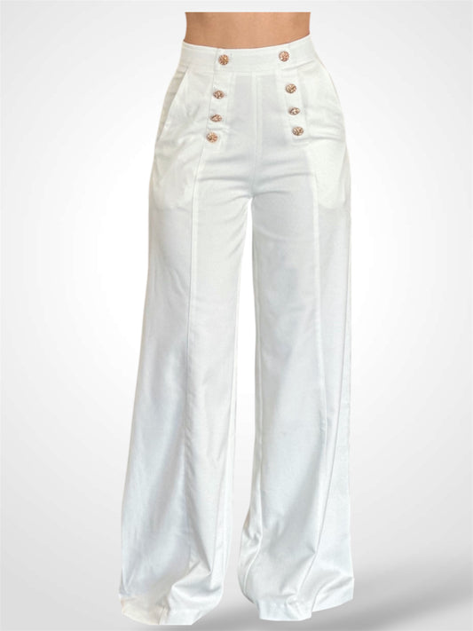 OFF WHITE SOLID BUTTON DETAIL FRONT ZIP UP WIDE LEG PANTS