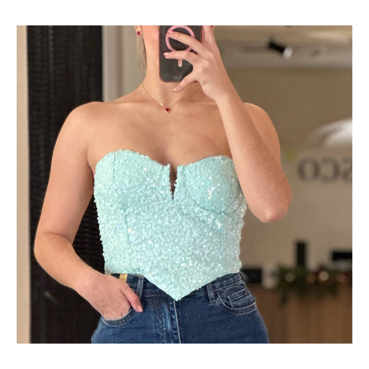 WOMENS SLEEVELESS V-NECK SEQUINS TUBE CROP TOP (Aqua)