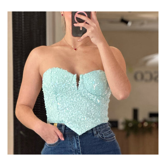 WOMENS SLEEVELESS V-NECK SEQUINS TUBE CROP TOP (Aqua)