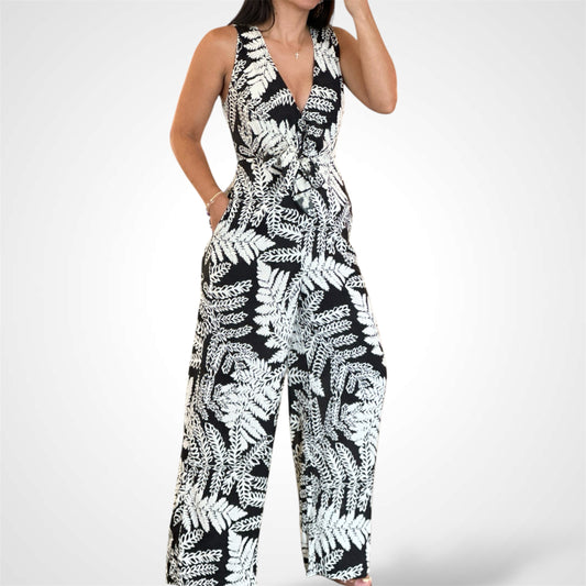 SLEEVELESS TIE FRONT CHEST ELASTIC WAISTED JUMPSUIT