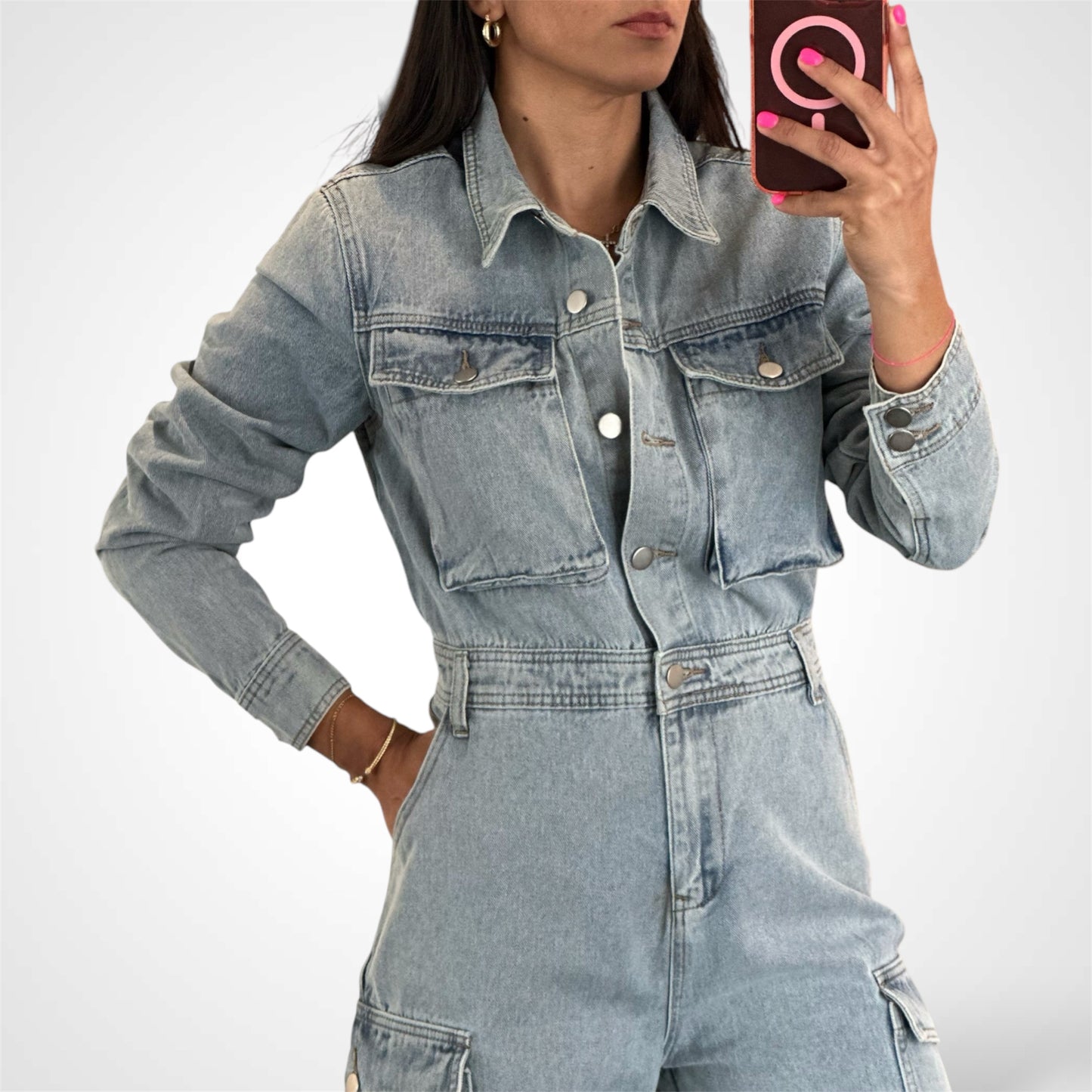 LONG SLEEVE BUTTON UP DENIM JUMPSUIT