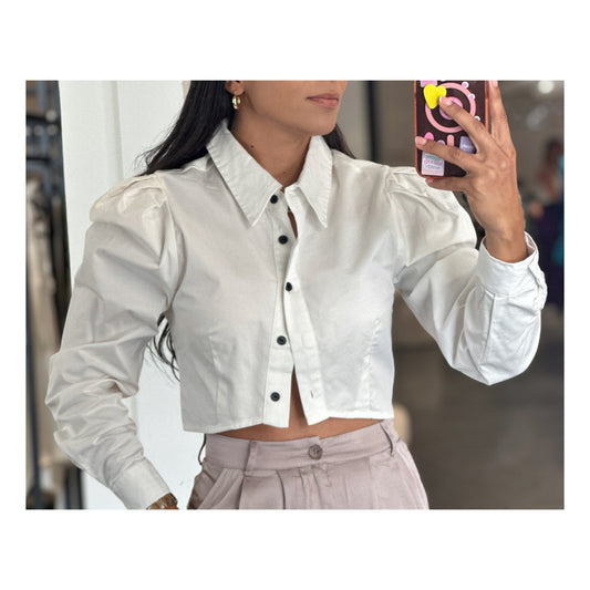 PUFF SLEEVE BUTTON UP CROP SHIRT TOP