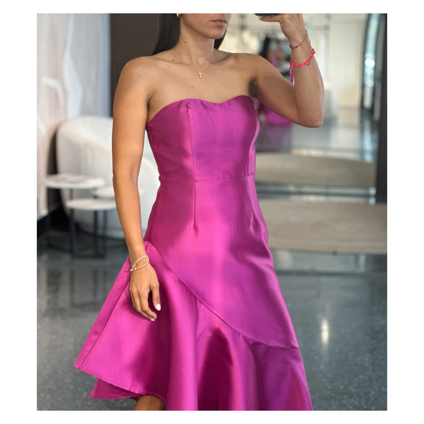 MAGENTA STRAPLESS ASYMMETRICAL TAFETTA DRESS