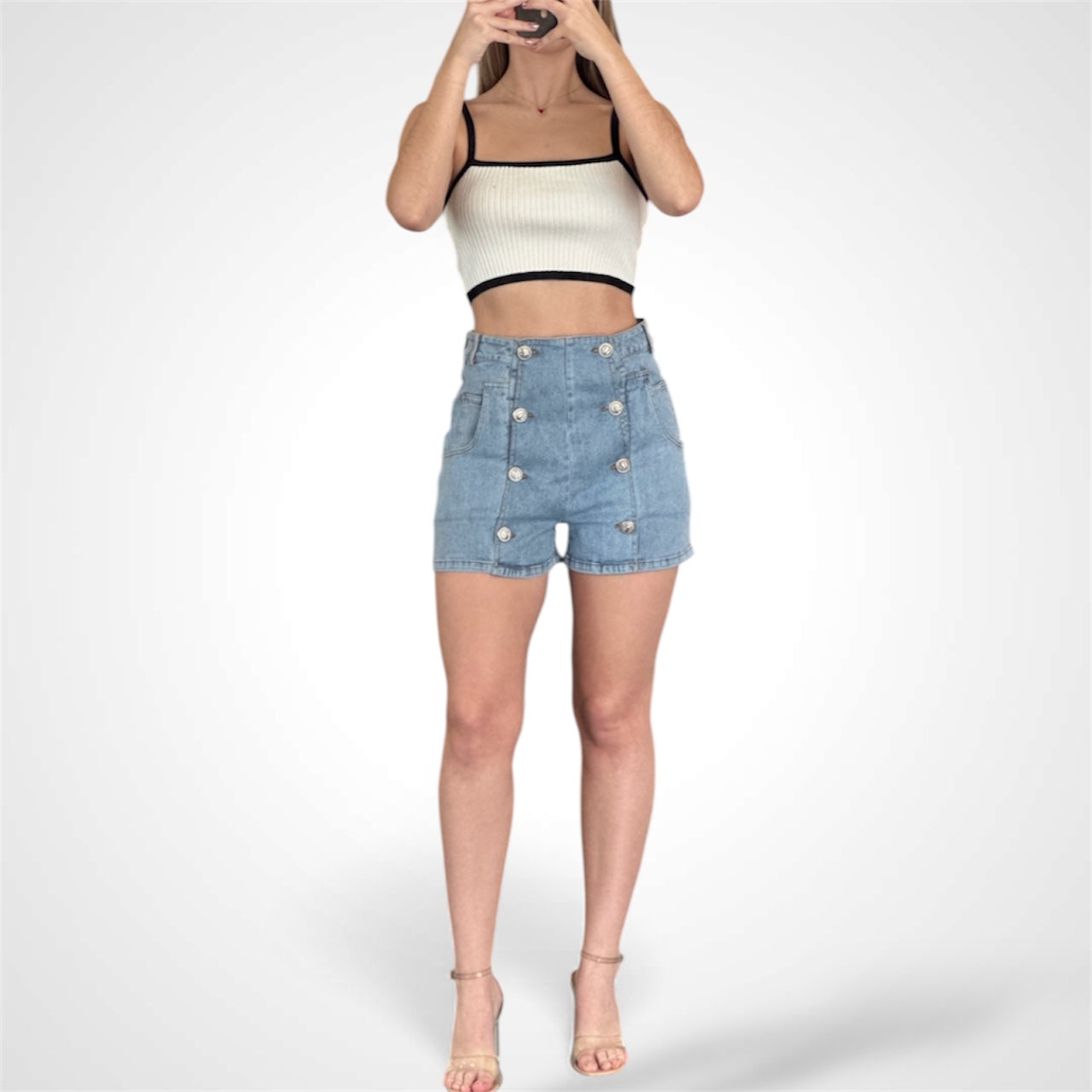 DOUBLE BREASTED BUTTON DETAIL DENIM SHORTS