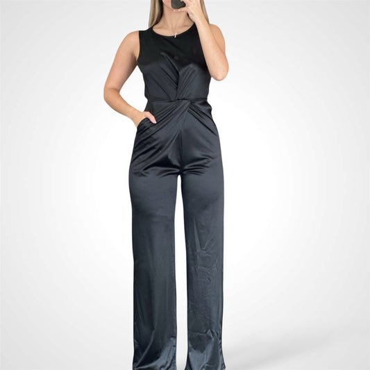 SATIN TWISTED WAIST WIDE LEG JUMPSUIT