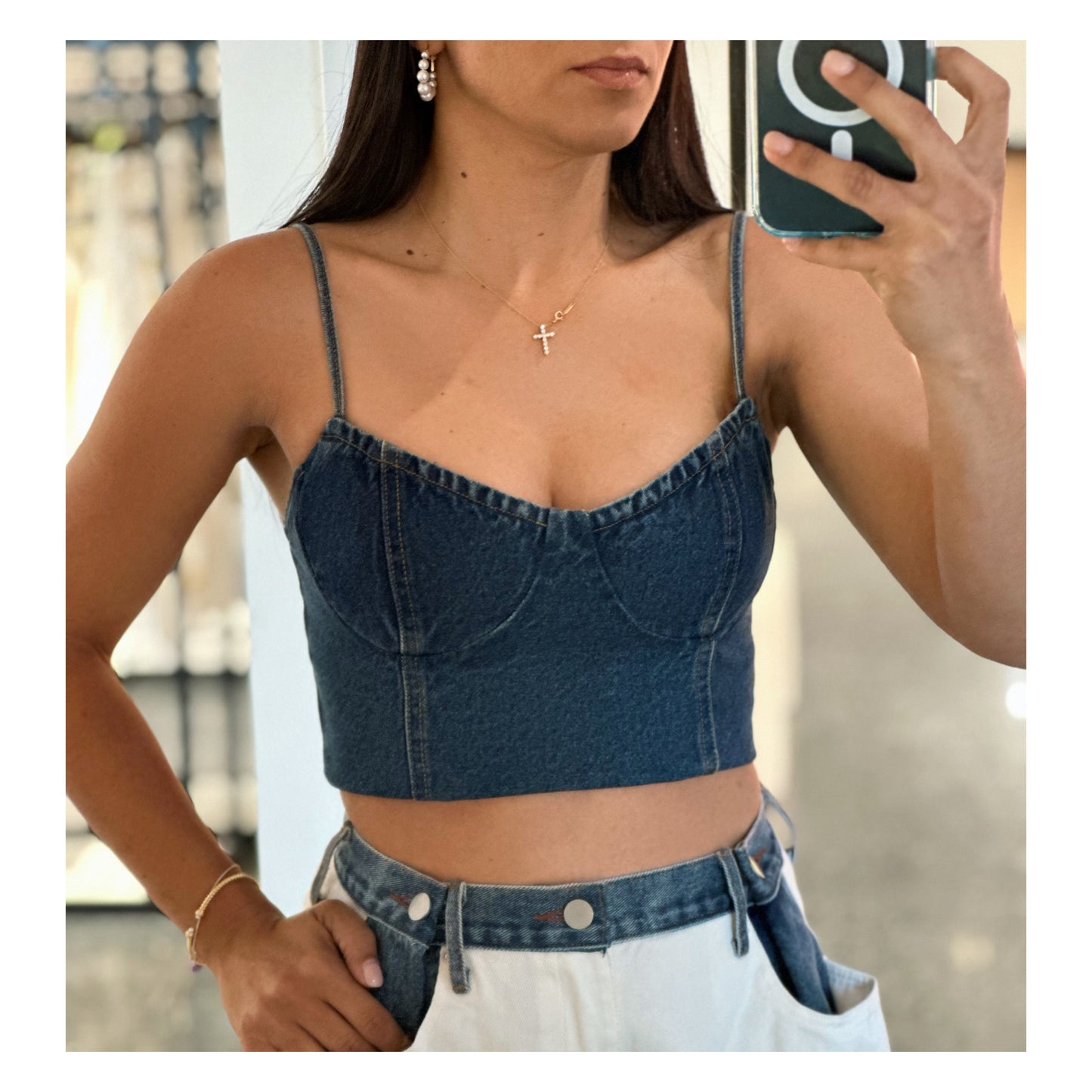 DENIM BUSTIER BACK ZIPPER CROPPED CAMI