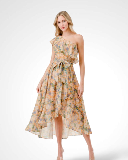 One Shoulder Floral Print Midi Dress