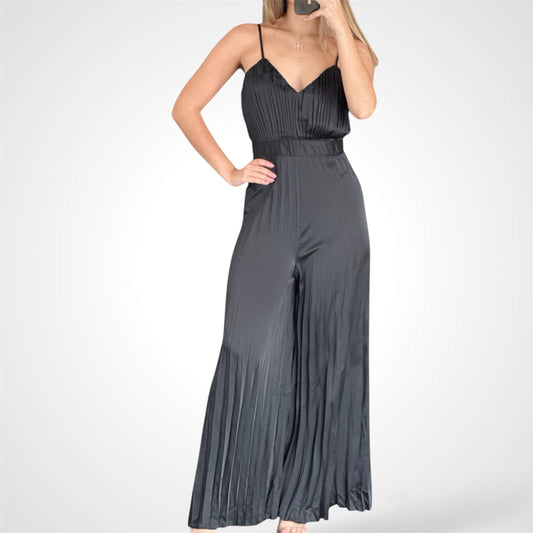 SATIN SPAGHETTI STRAP PLEATED WIDE LEG JUMPSUIT