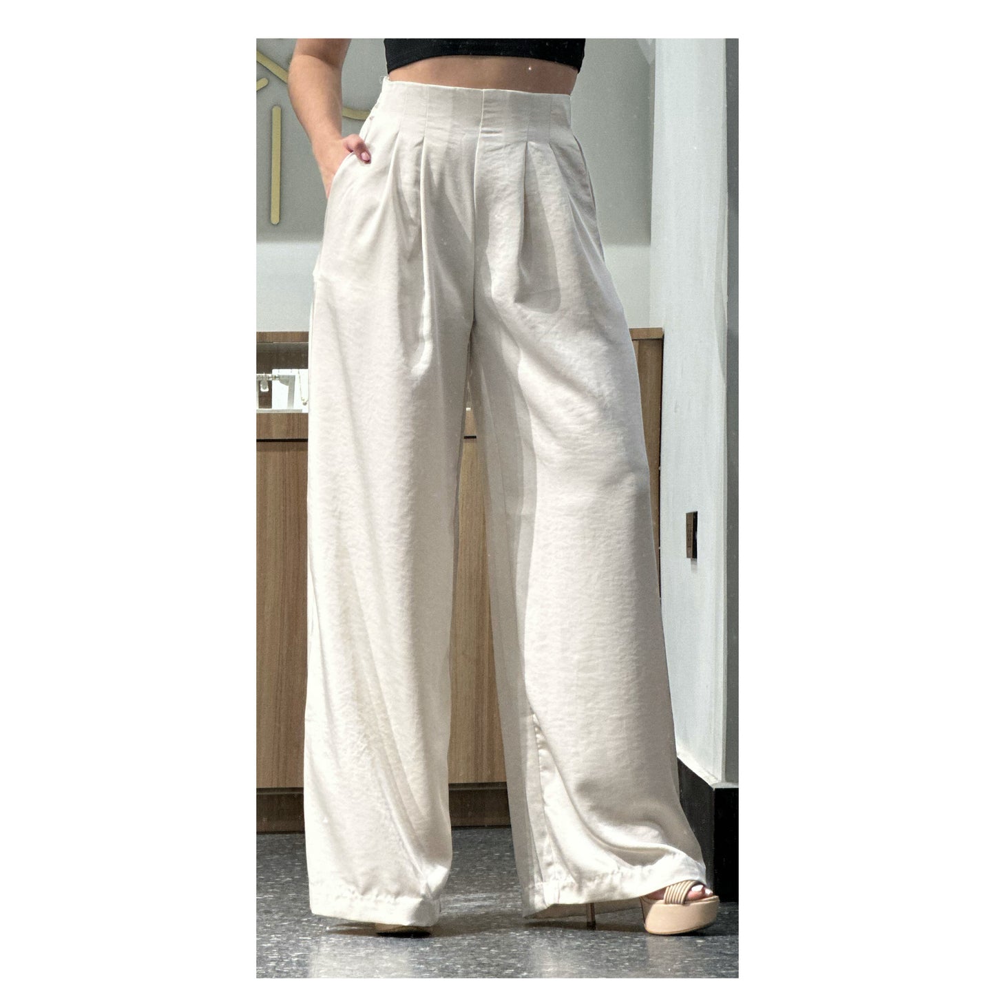 Cream Satin High Waist Pants