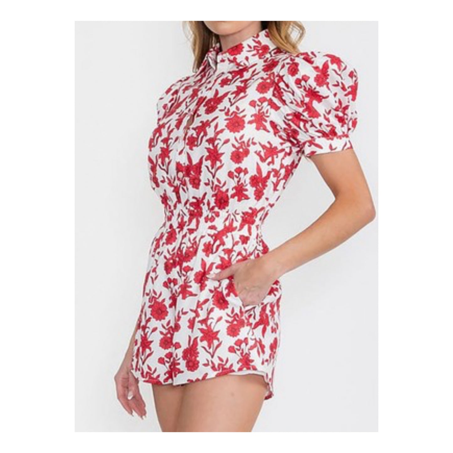 FLORAL PRINT POCKET DETAIL PUFF SLEEVE ROMPER