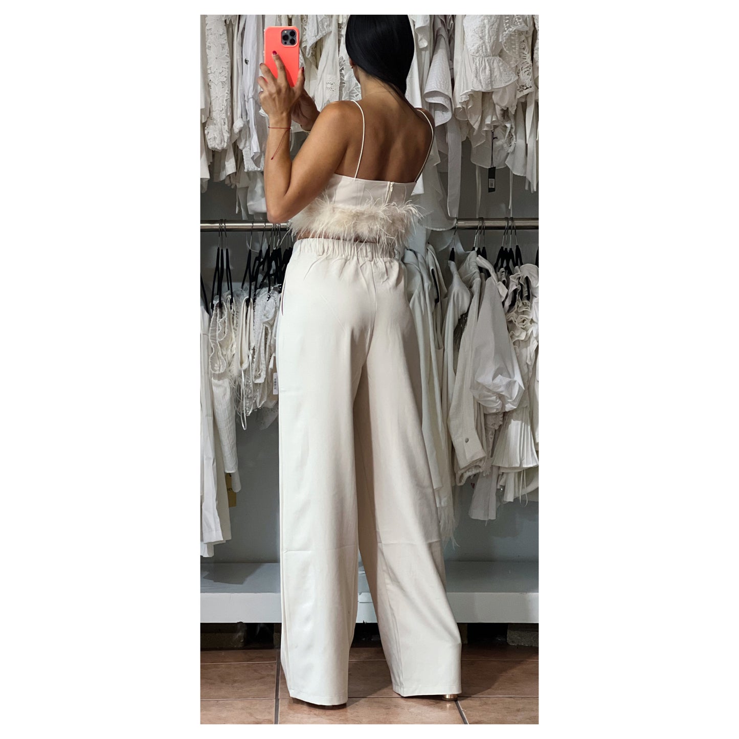 FEATHER TRIM CROP TOP WITH WIDE PANTS SET