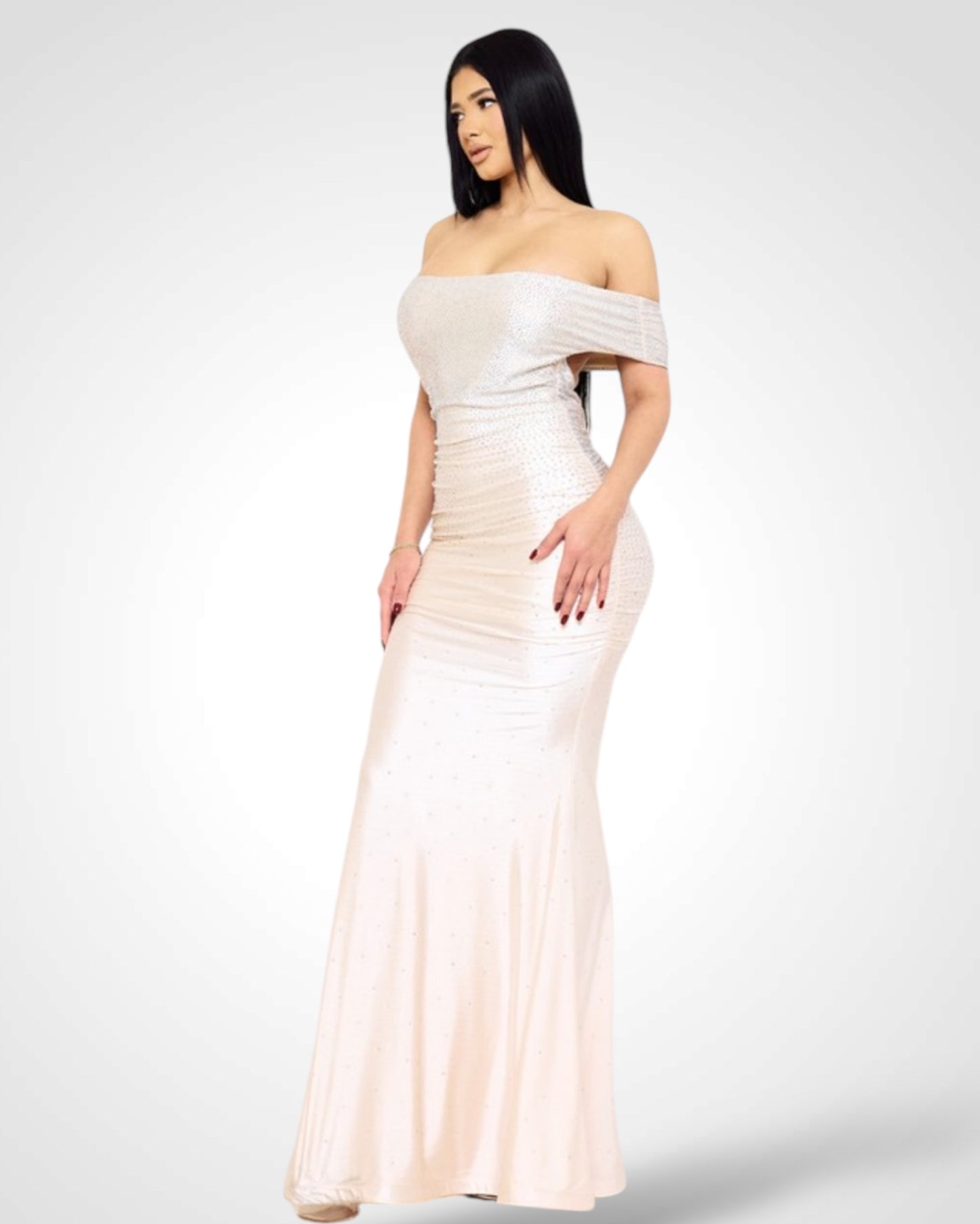 RHINESTONE GRADATION OFF THE SHOULDER MAXI DRESS