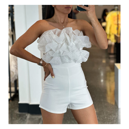 White Organza Ruffle Romper