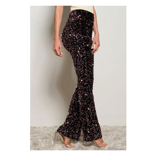 ZIP UP SEQUINS WIDE LEG PANTS