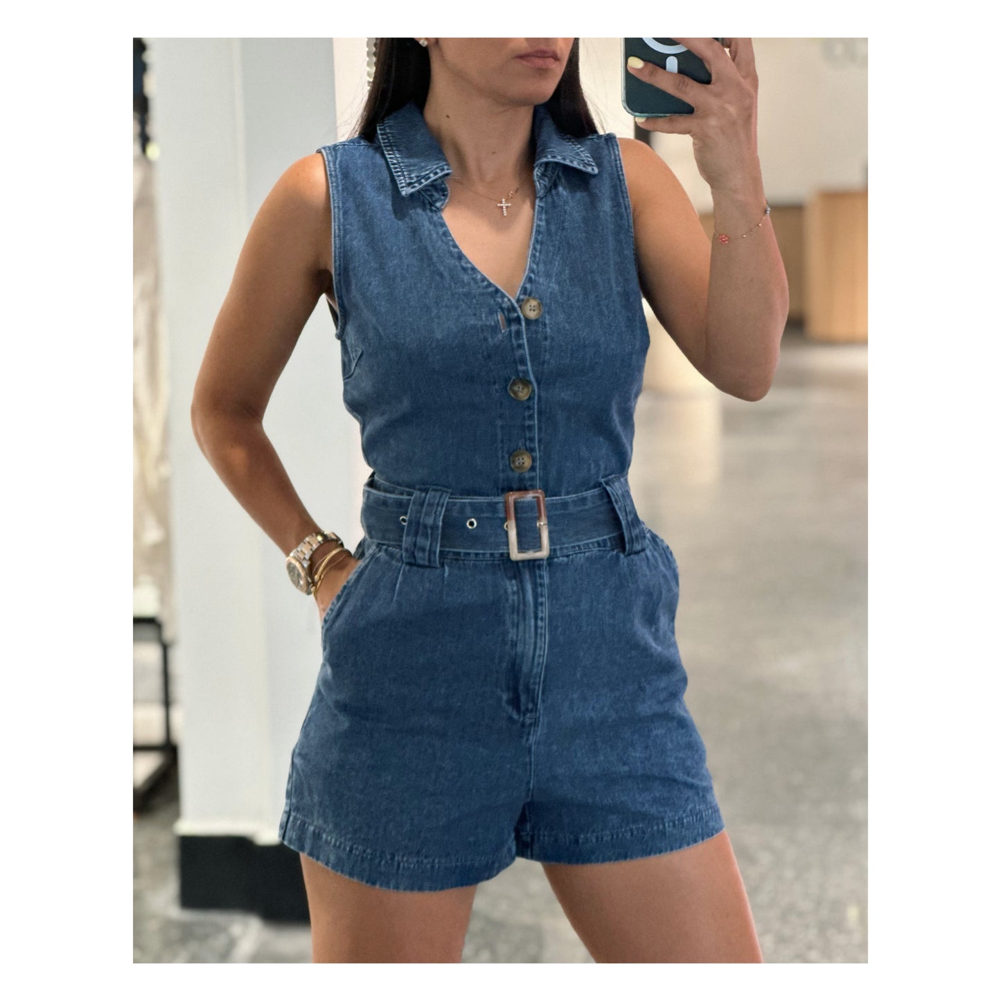 COLLARED DENIM ROMPER WITH BELT