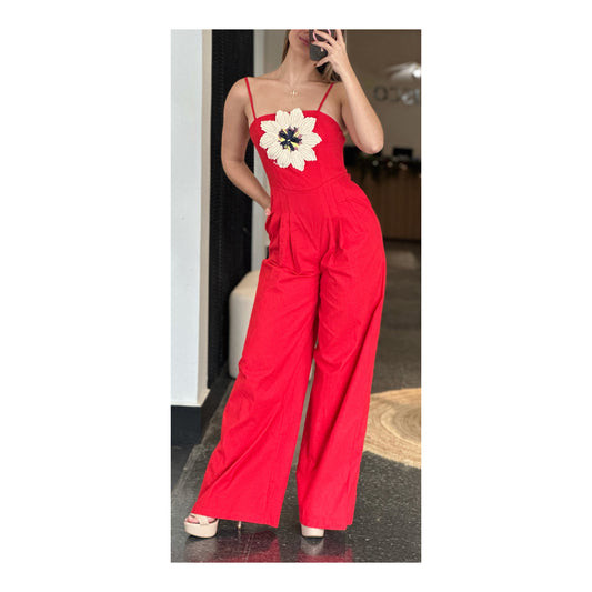 RED FLOWER DETAIL JUMPSUIT