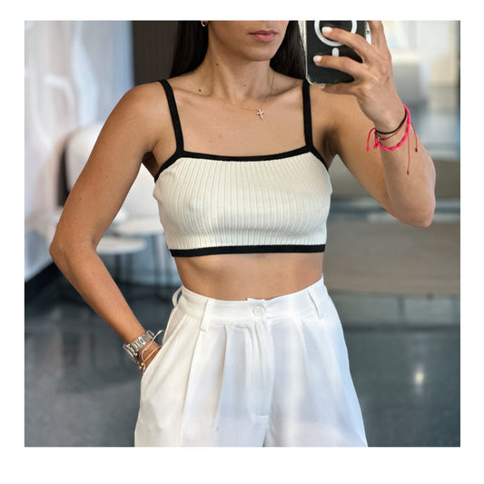 CREAM CONTRAST SPAGUETTI SWEATER CROP TOP