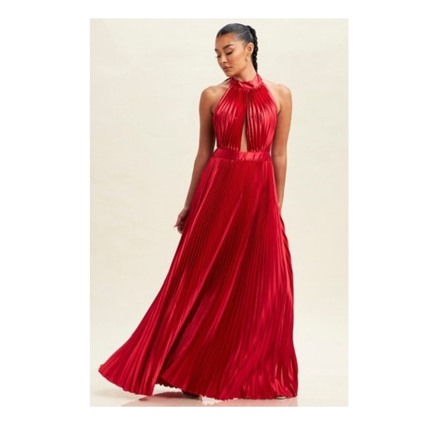 RED SATIN PLEATED HALTER DRESS