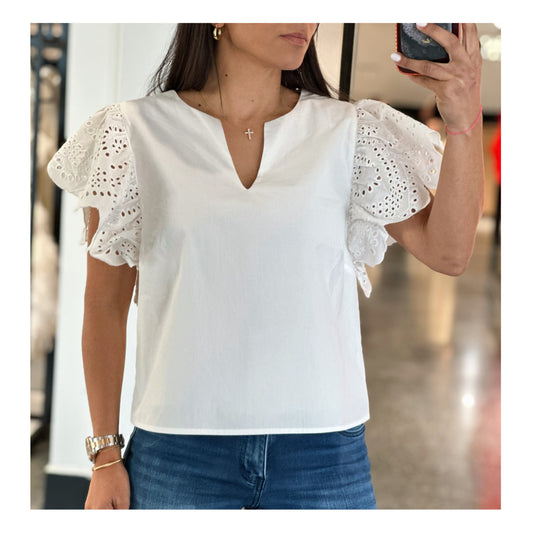 V-NECK EYELET SLEEVE TOP