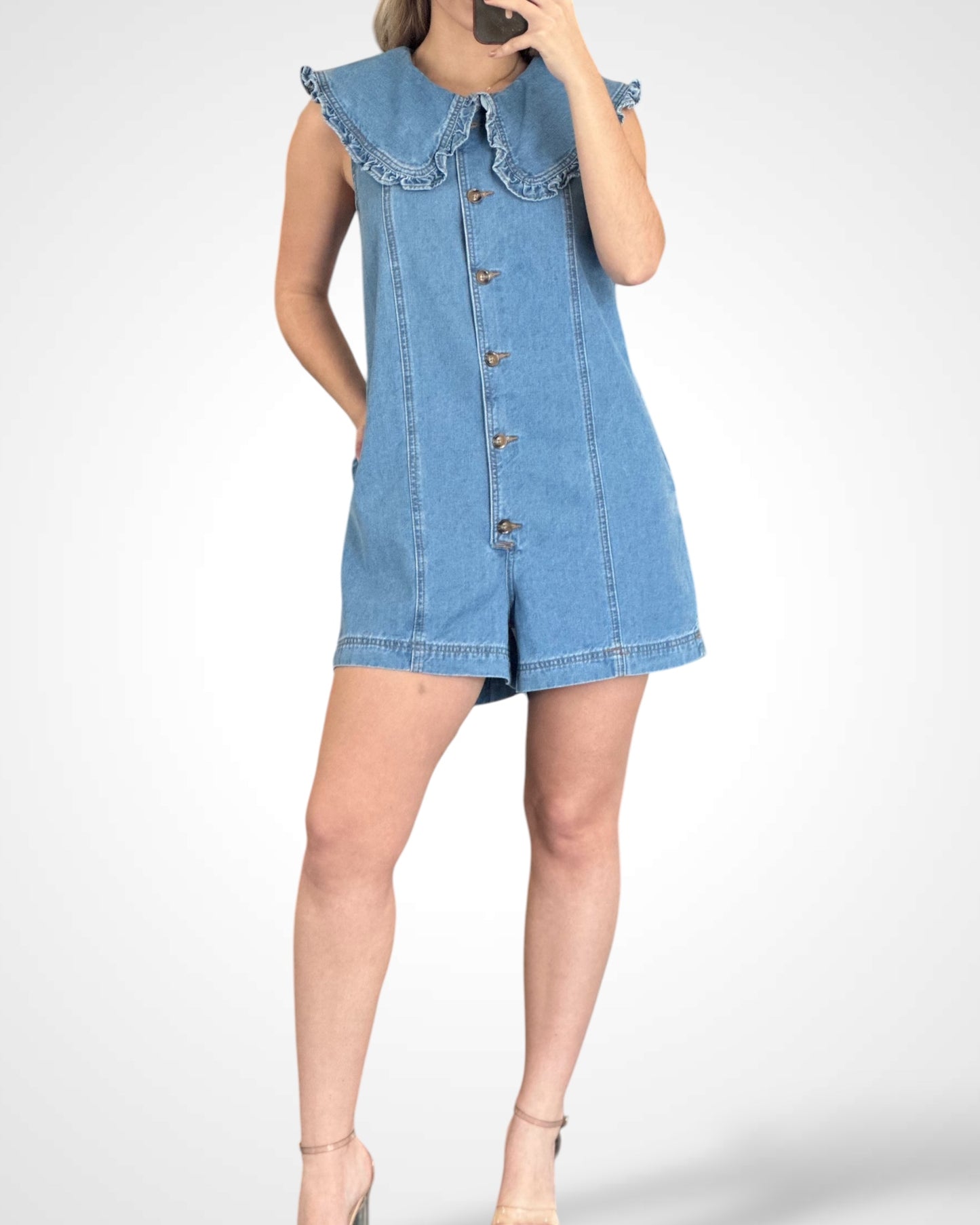 RUFFLED COLLAR BUTTON DOWN DENIM ROMPER