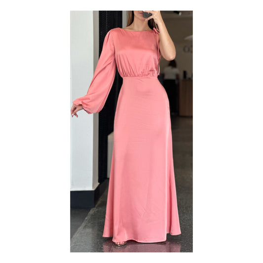 ONE SLEEVE TIE NECK FLARED SATIN MAXI DRESS