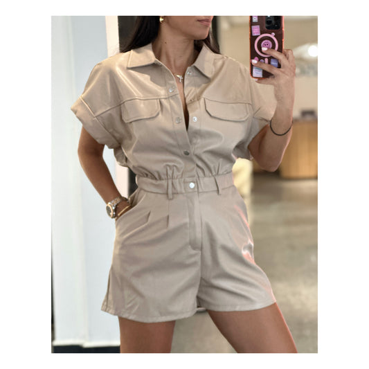 SJQ - SHORT SLEEVE BUTTON UP POCKETS PU PLEATHER ROMPER