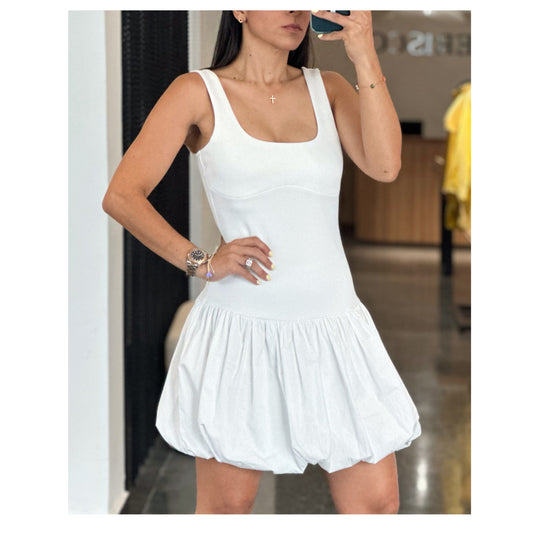 SCOOP NECKLINE SLEEVELESS BUBBLE HEM MINI DRESS