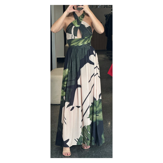 Tropical Palm Halter Maxi Dress