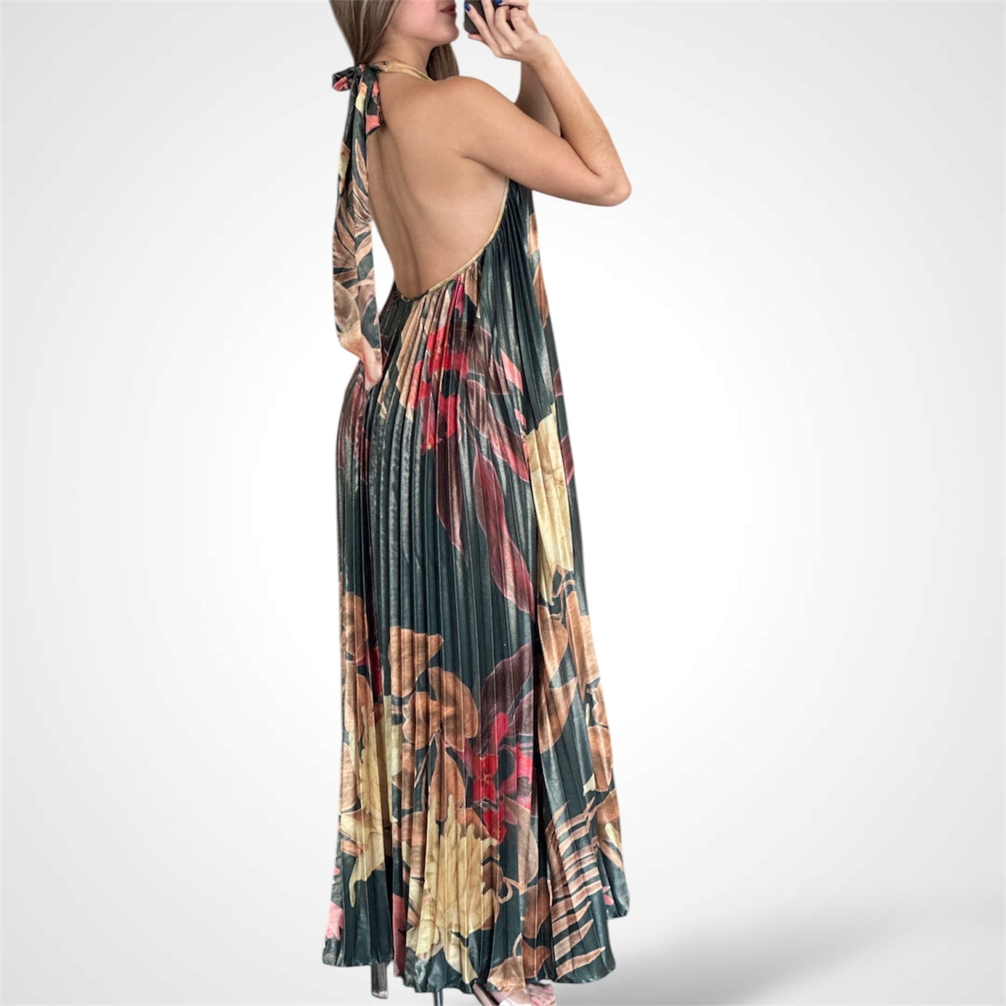 PLEATED FLORAL PRINT HALTER MAXI DRESS