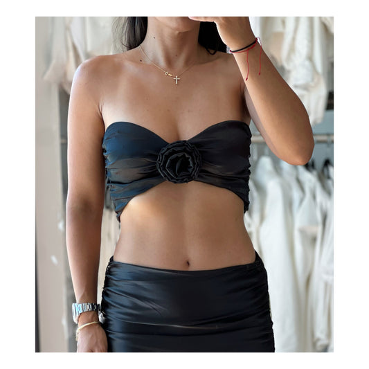 SATIN ROSETTE RUCHED TUBE TOP