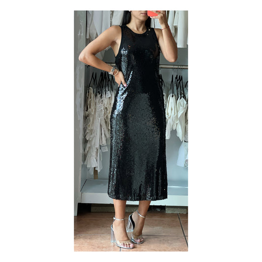 SEQUIN SLEVELESS LINED MIDI DRESS