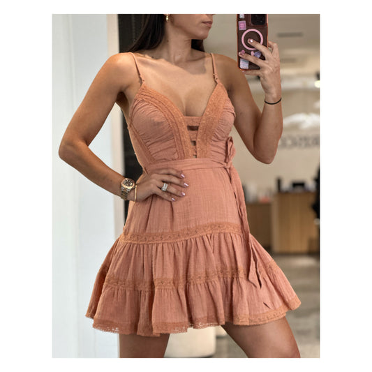 SPAGHETTI STRAP WAIST TIE LACE DETAIL BELTED DRESS