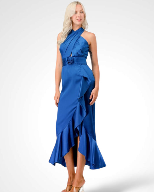 Blue Halter High Low Midi Dress